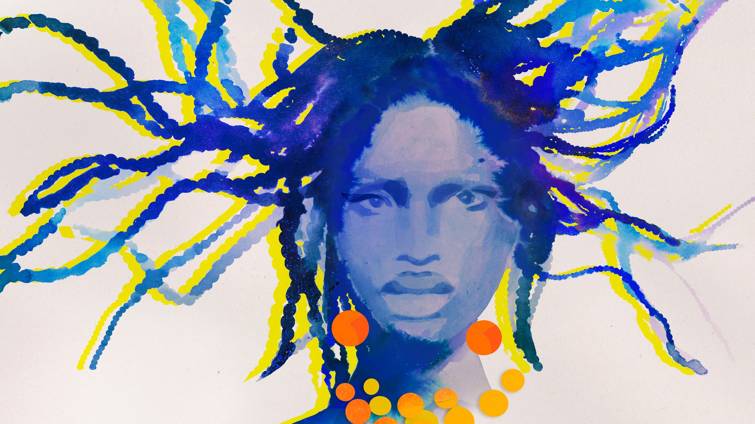 Illustration of woman with blue hair surrounding her