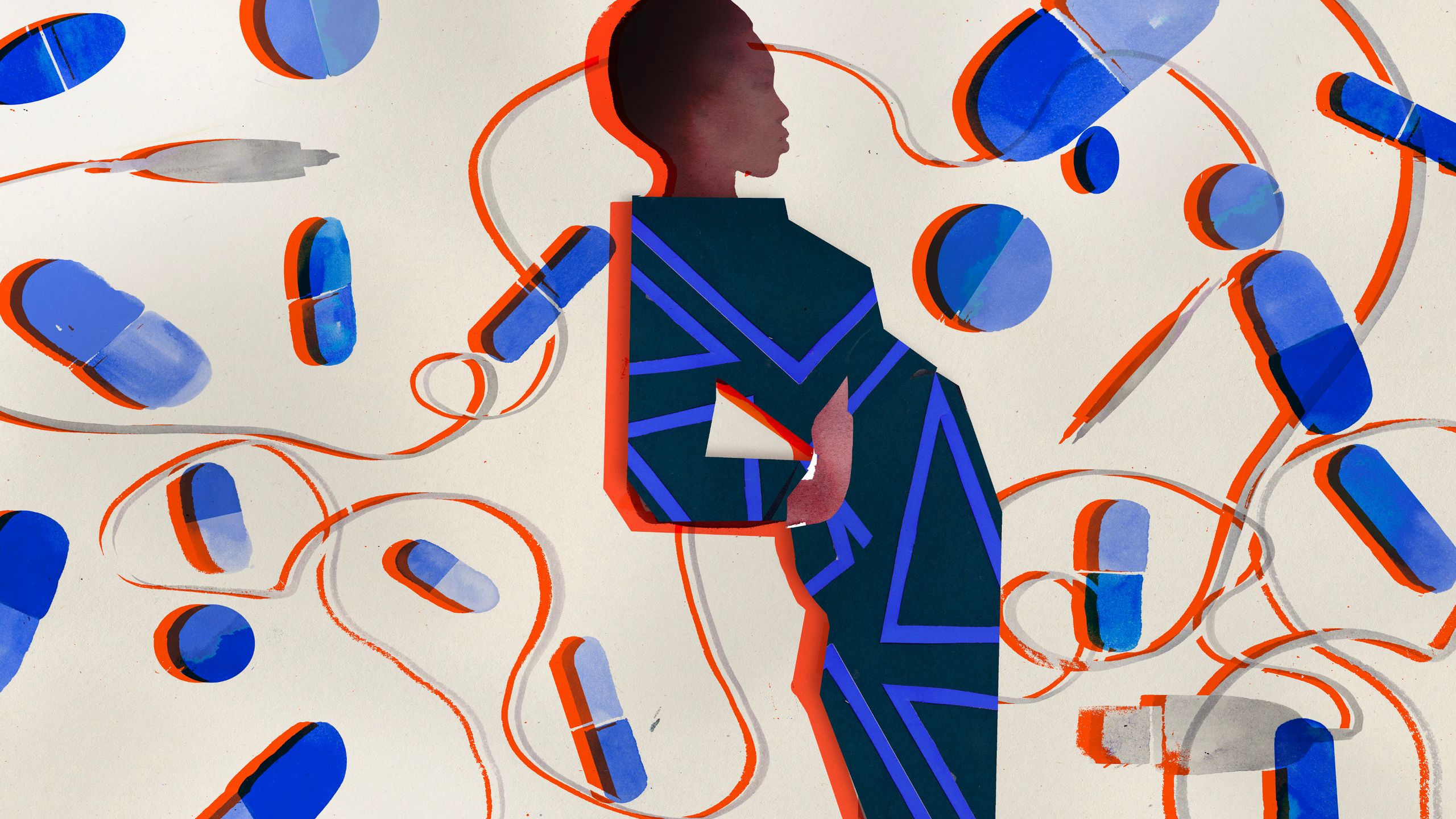 Illustration of woman surrounded by flying pills and hair loss treatment devices