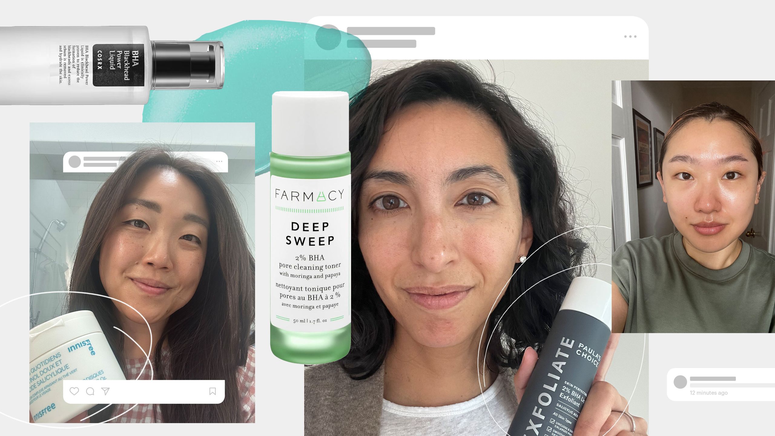 Best BHA Toners A collage of women holding BHA toners and bottles of toner on a gray background