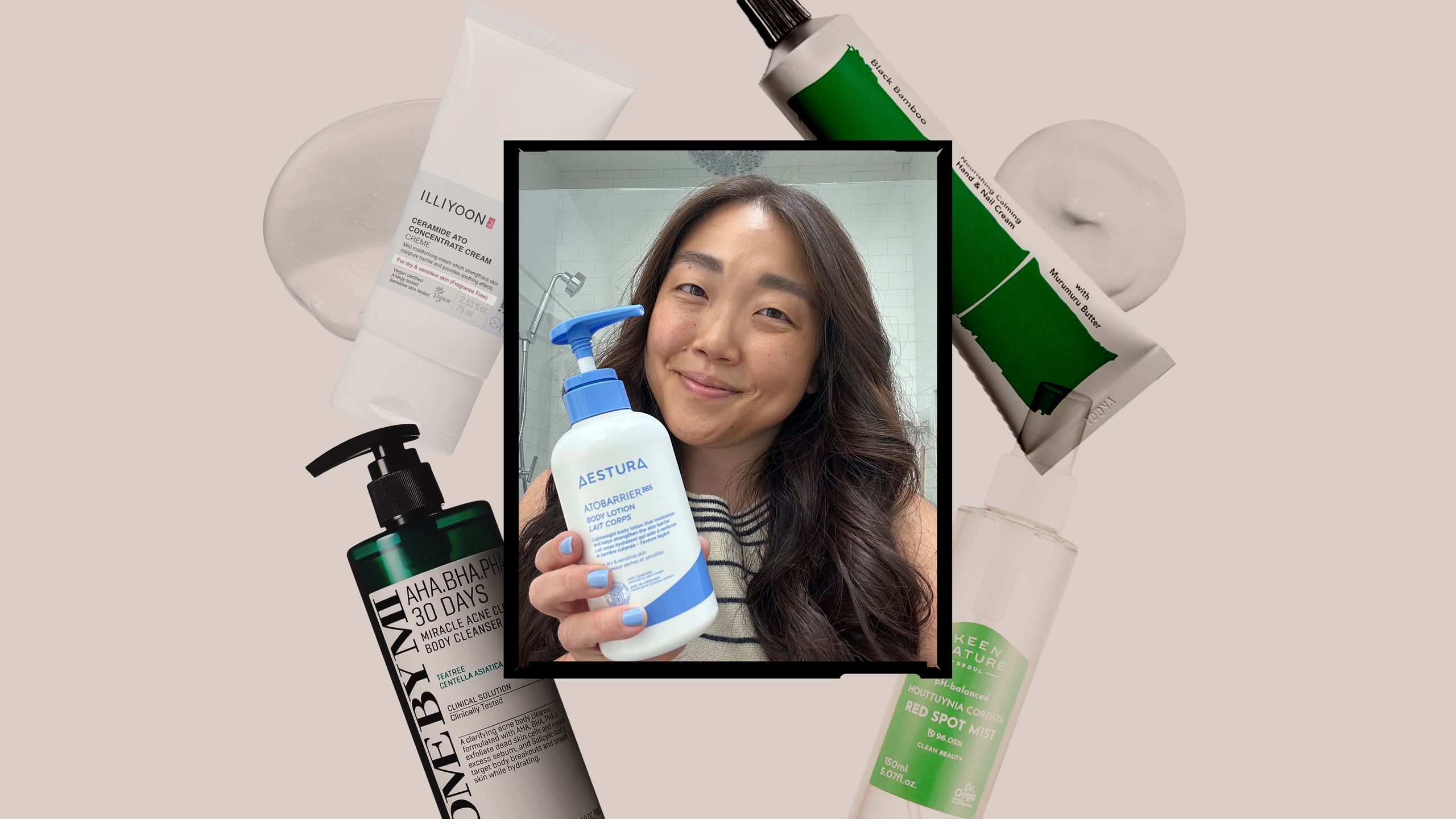 Best Korean BodyCare Products A collage of Korean bodycare products and a photo of a woman holding Aestura body lotion...