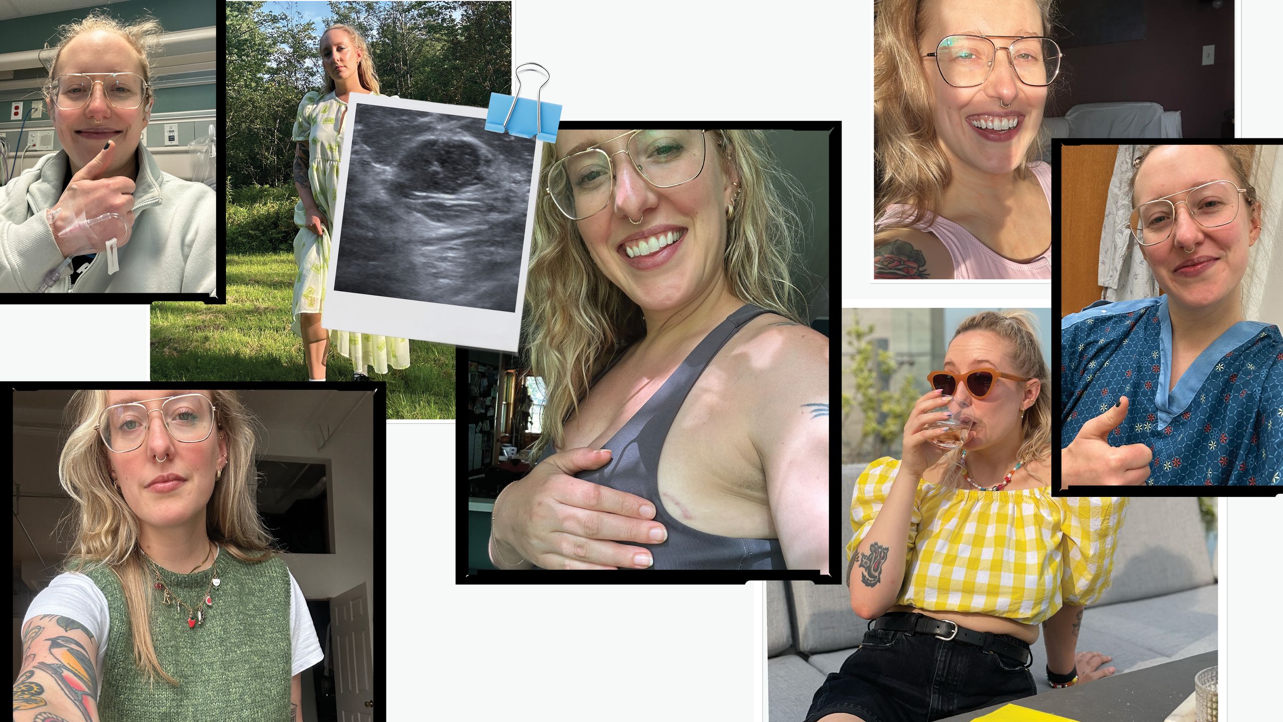 collage of photos of kara mcgrath throughout her breast pain journey