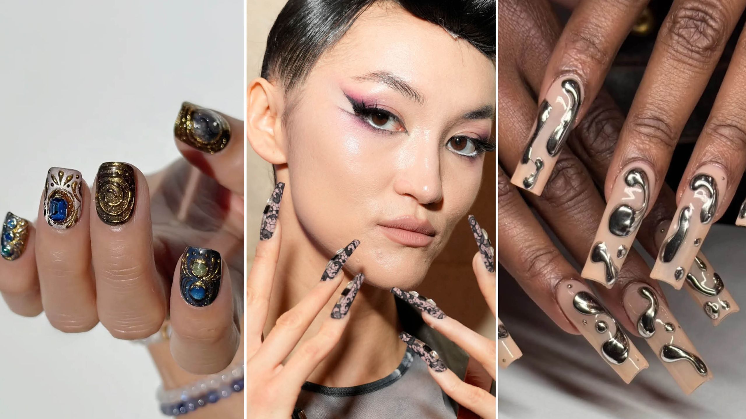 fall nail art trends 2025 mixed metals lace designs 3d chrome drips