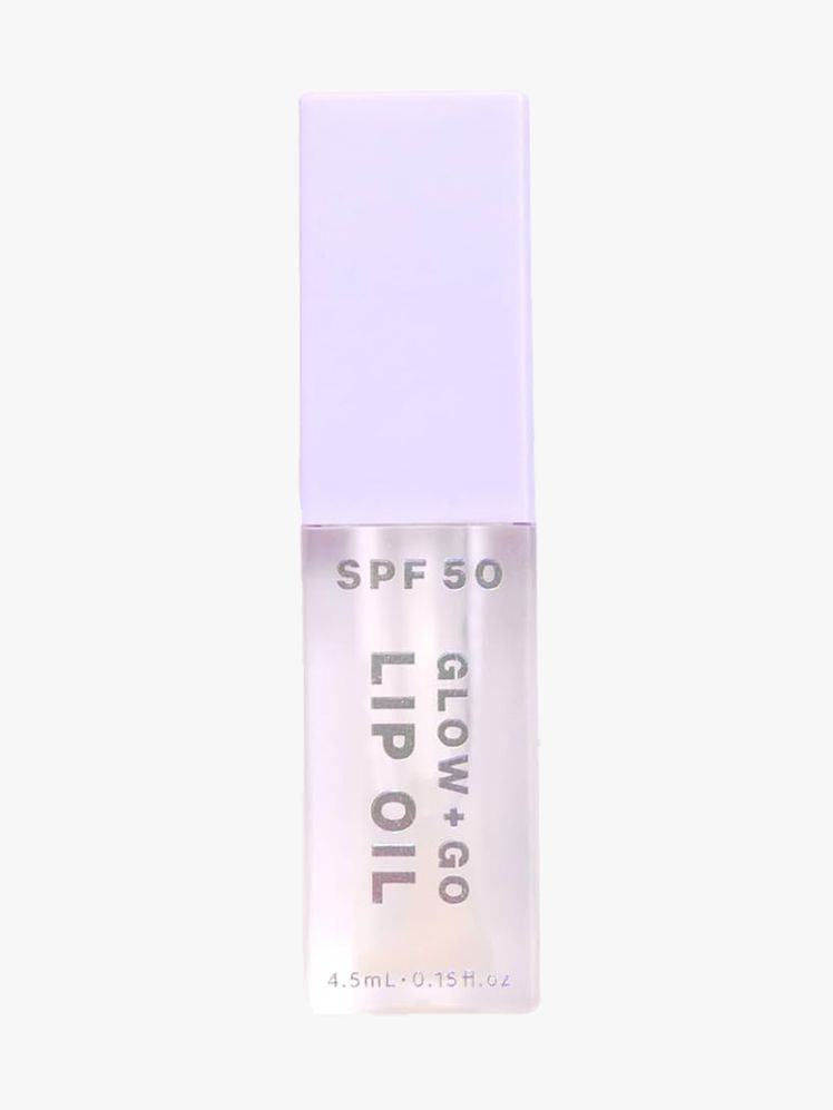 Naked Sundays SPF50 Glow  Go Lip Oil in Coconut rectangle vial of lip oil with lavender cap on light gray background