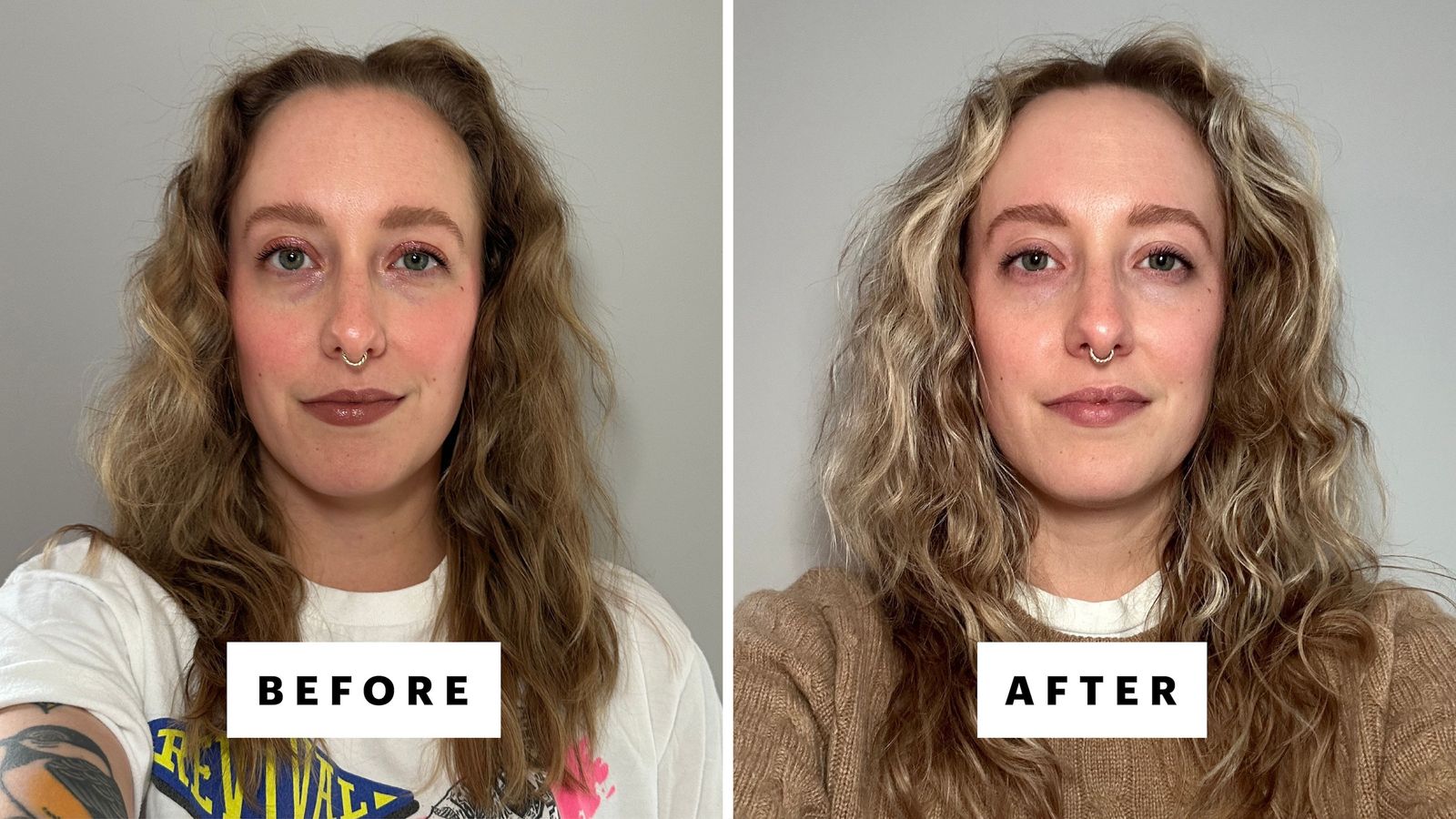 Selfies of Kara McGrath before and after applying the Ncessaire The Scalp Serum