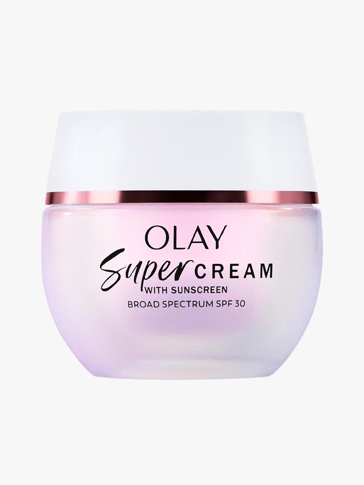 Olay Super Cream with Sunscreen SPF 30 light pink jar with white lid on light gray background