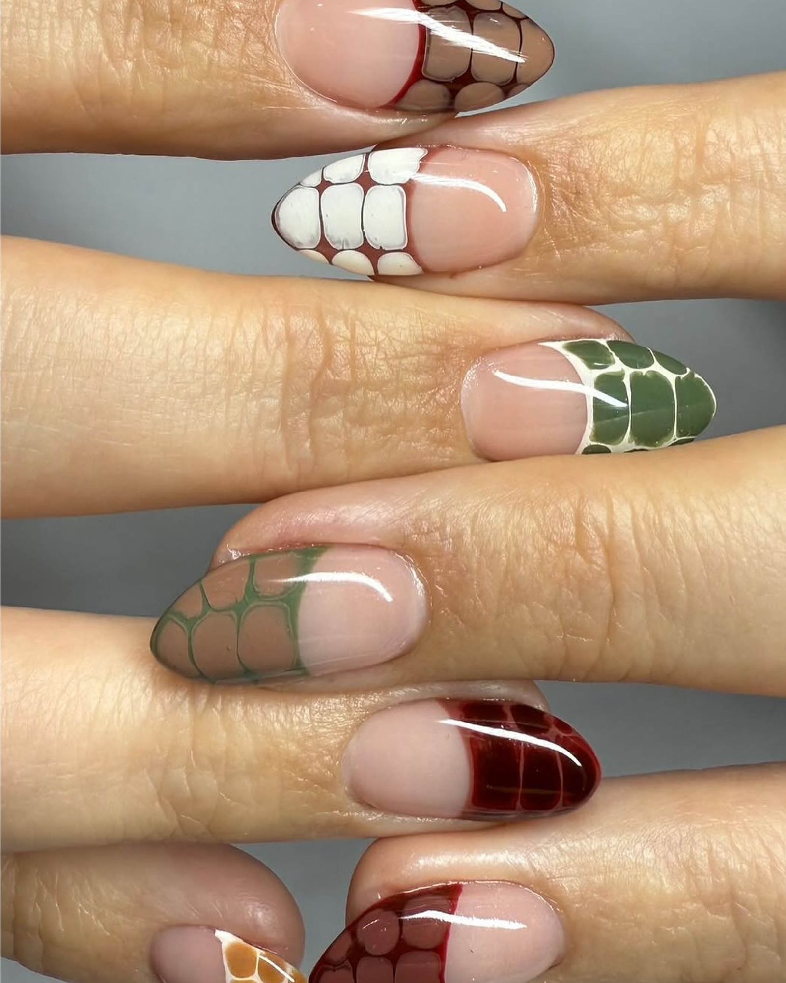Interlocked almondshaped nails with multicolored snake skin overdrawn French tip design.