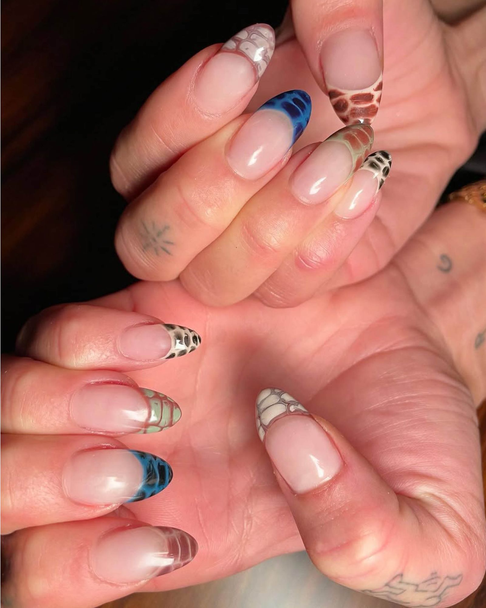 Multicolored snake skin French tips on nude glossy nails.