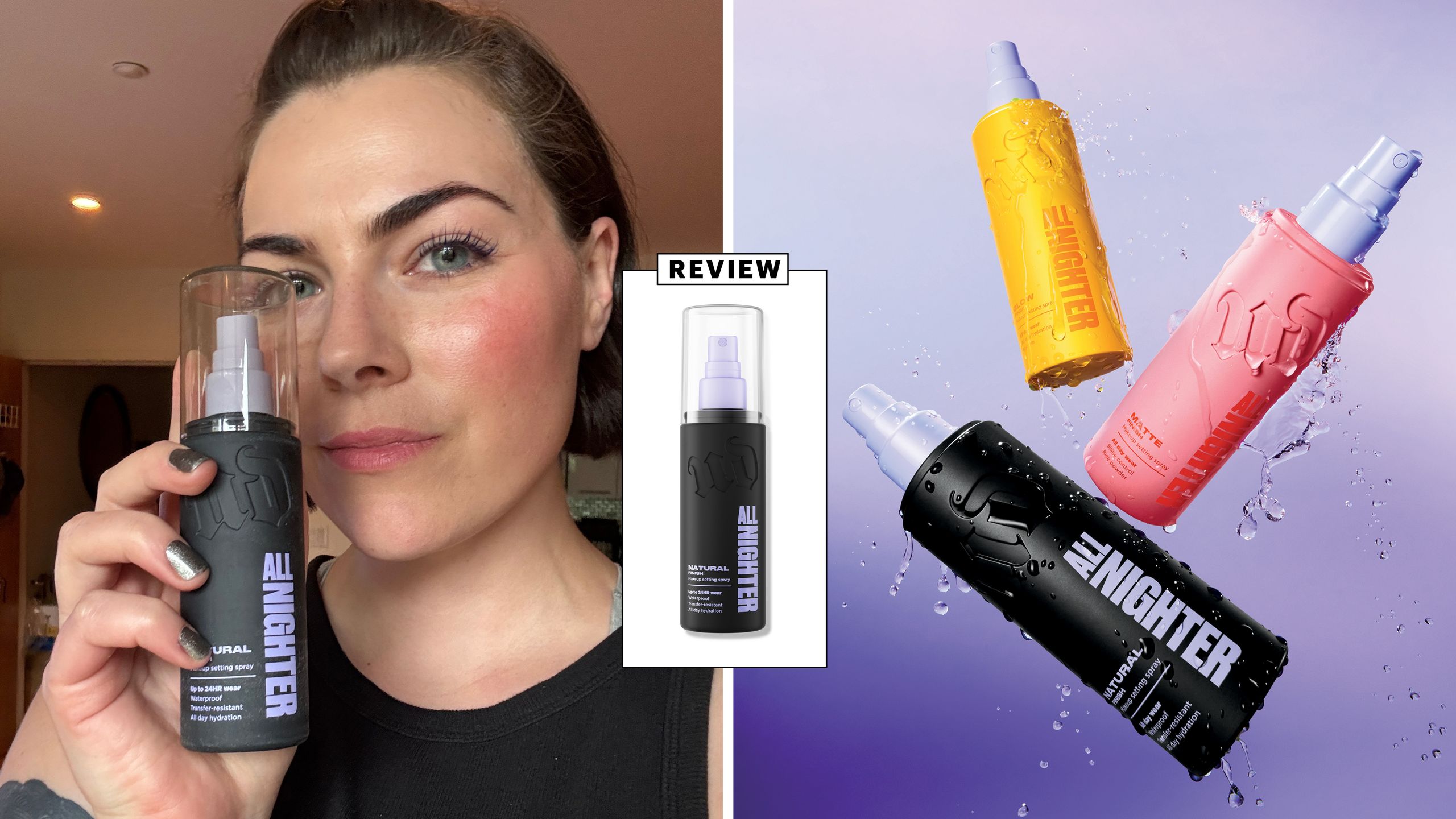 two images side by side left side is woman taking a selfie with setting spray bottle right side is three urban decay...
