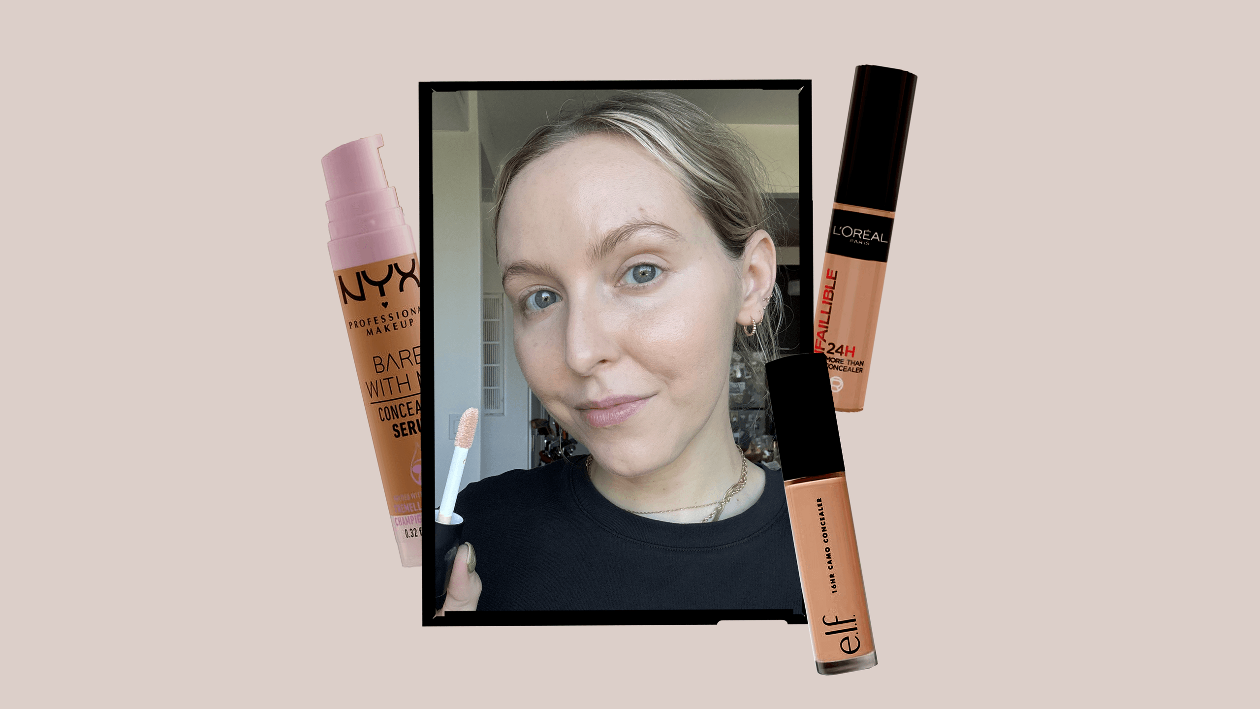 woman trying concealer on a pink background