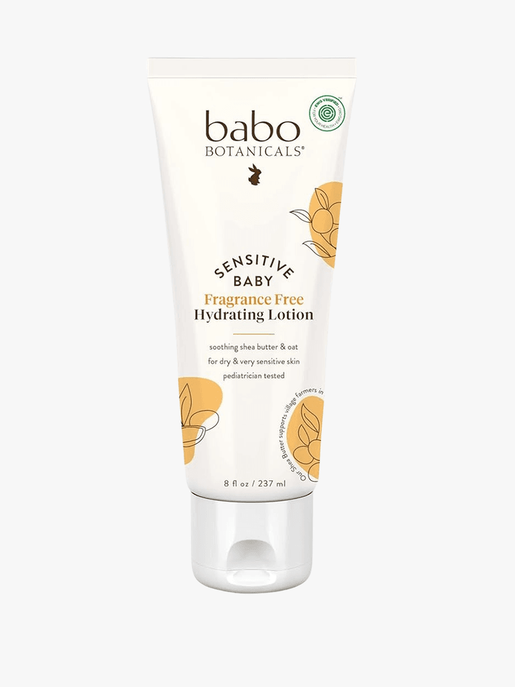 Babo Botanicals Baby Hydrating Lotion on a grey background