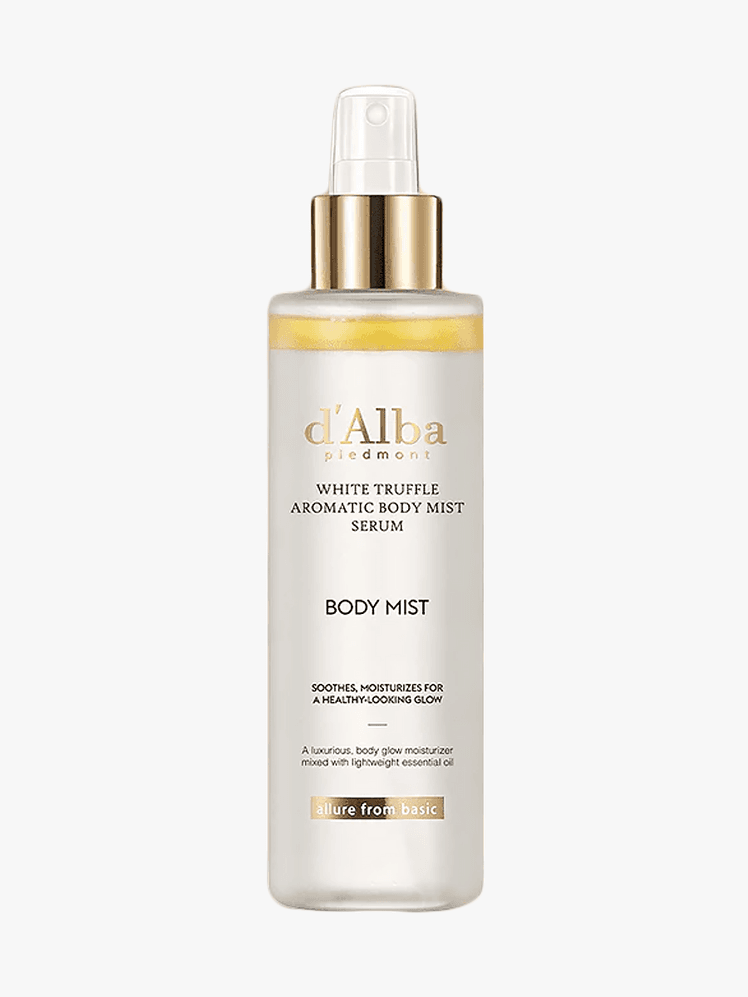 D'alba White Truffle Aromatic Body Mist Serum in branded bottle component on a light gray background