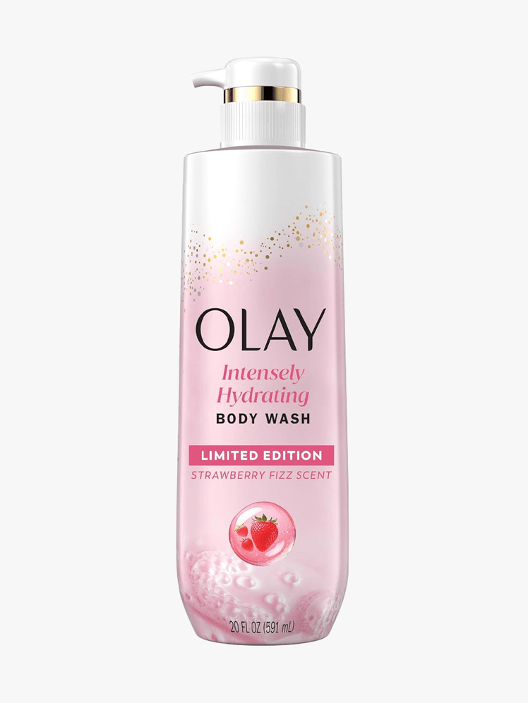 Olay Intensely Hydrating Body Wash in branded component on a light gray background