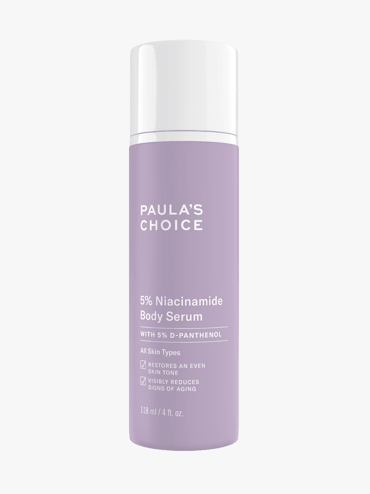 Paula's Choice 5% Niacinamide Body Serum in light purple bottle with white cap on light gray background
